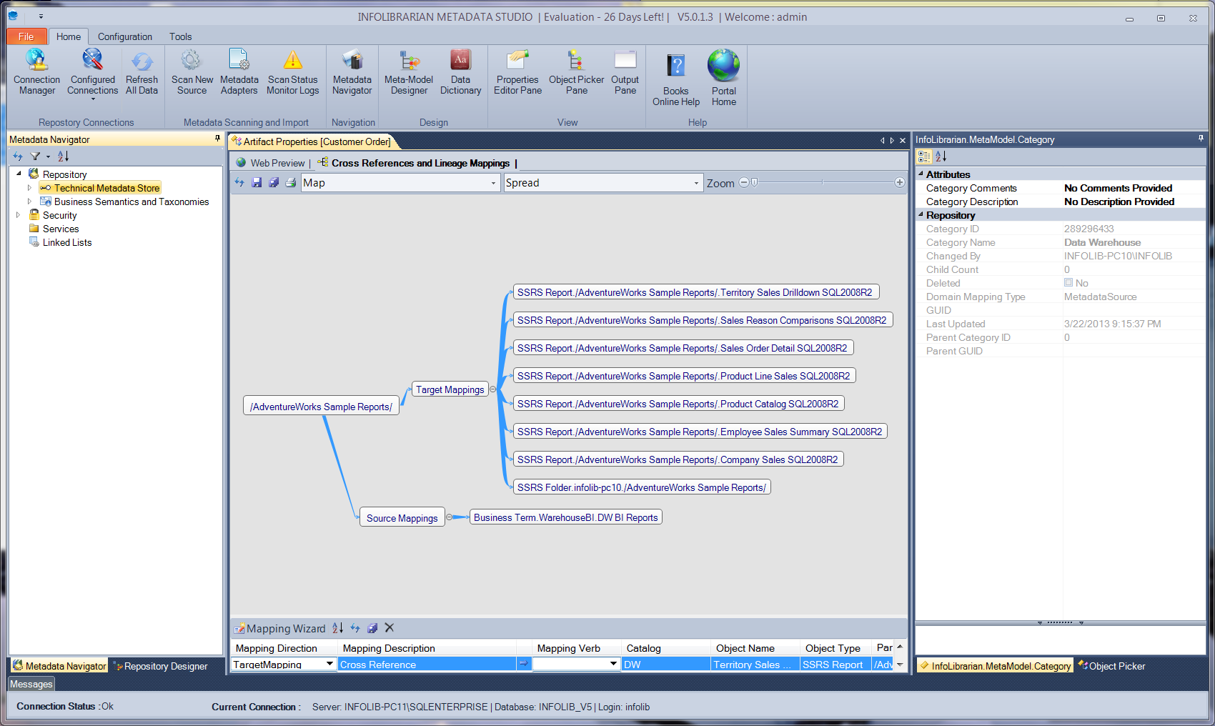 InfoLibrarian Metadata Studio showing cross references and lineage mappings for a report folder